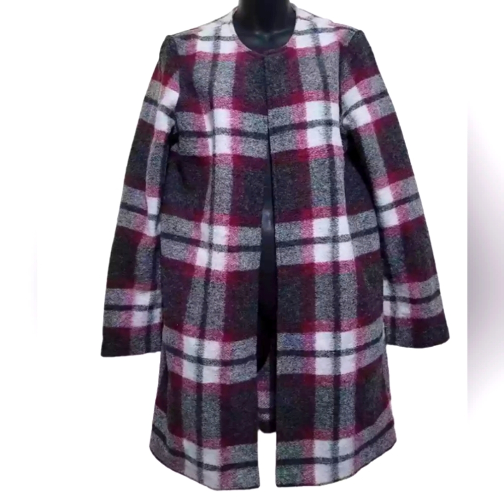 Max Studio Gray Cranberry Open Front Plaid Coat Woolblend Sz Large Brand New